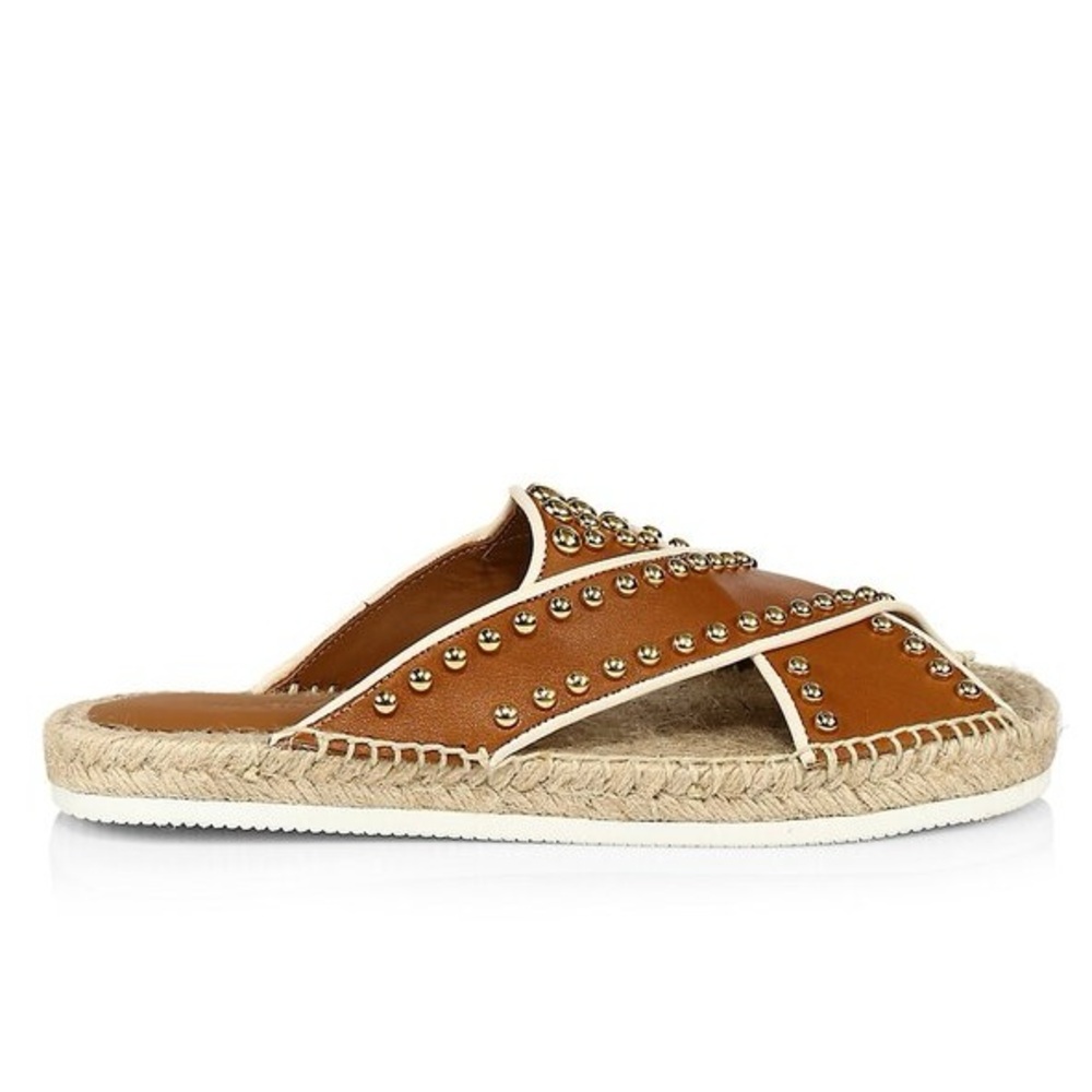 See By Chloé Pia Studded Crisscross Leather Espadrille Slides in Tan - Picture 3 of 10
